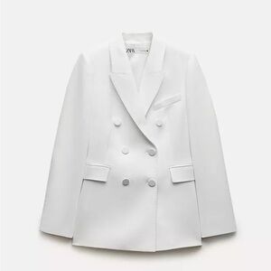 ZARA FITTED DOUBLE-BREASTED BLAZER JACKET ECRU WITH MATCHING SLACK